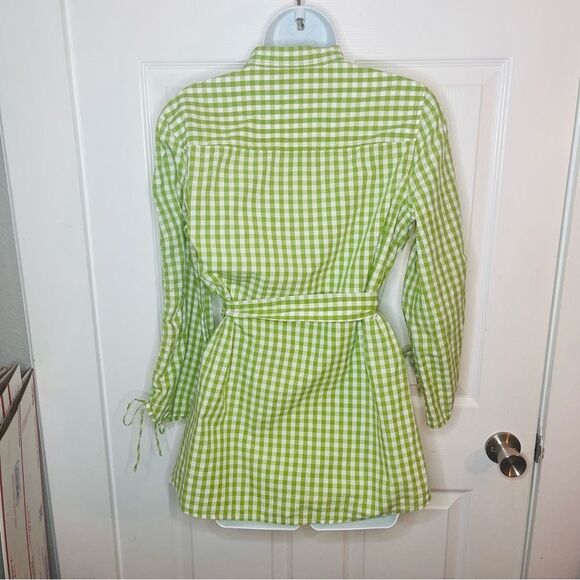 Tory Burch Lime Green Button Down Belted Gingham Cotton Shirt Tie Sleeve 6 - Picture 7 of 10
